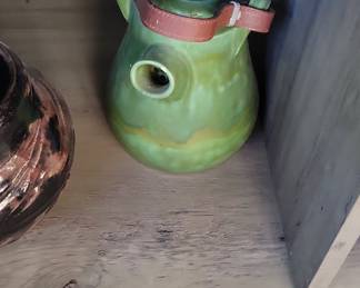 Green Glazed Ceramic Pitcher with Leather Strap and Spout