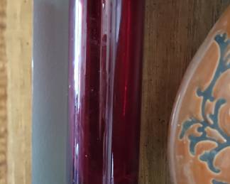 Cylindrical Red Glass Vase with Clear Bubble Base