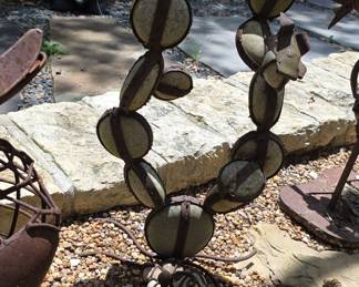 Rustic Metal and Stone Cactus Sculpture
