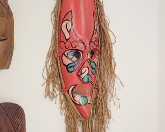 Red Carved Wooden Mask trimmed w/ Burlap
