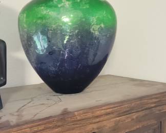 Large Vintage Hand Blown Art Glass Two Tone Blue Green Vase