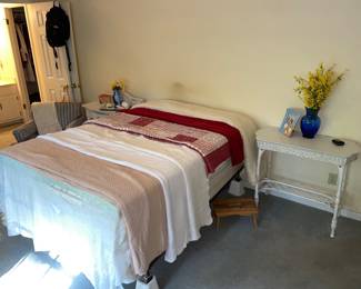 Queen Bed and Wicker Table