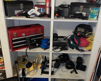 Tool Boxes, Glue Guns, Battery Charger, Electric Sanders, Air Compressor, Sprinklers