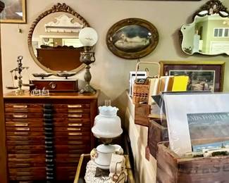 Hamilton Oak Printers Cabinet with Print, Mirrors, Pictures