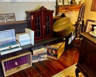 Church Pew, Antique Spinning Wheel