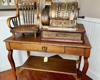 Oak Library Table, Oak Highchair Riser, National Cash Register