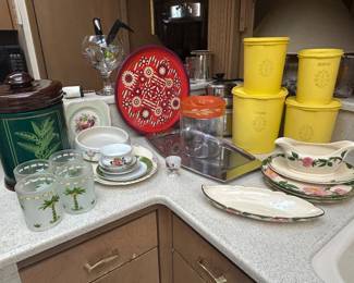 Tupperware canisters, Pyrex Harvest Wheat and Franciscan. 