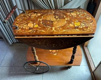 Beautiful rolling  floral inlay tea, bar cart. 