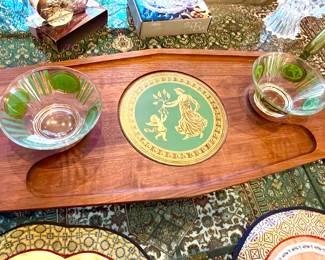 Mid Century walnut serving tray with original bowls