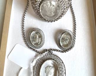 Whiting Davis Crystal cameo pendant, cuff, and earrings