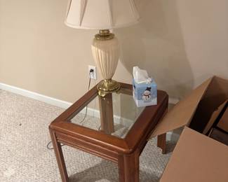 . . .  glass night stand and ceramic lamp