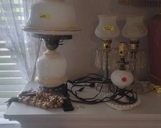Beautiful Vintage lamps. 5 to choose from. Pink Victorian glass not pictured. Milk glass. 