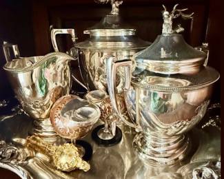 Remarkable 19th C English Stag Service in Sterling Shreve, Stanwood & Co.