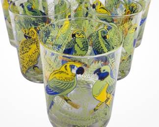 VTG Neiman Marcus Rocks Glasses Tropical Parrot Set of 4 Green Yellow Blue MCM