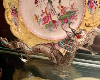 Tibetan Silver filigree Dragon - Pure Silver Dragon with Turquoise and Coral Cab- Late 20th c Nepal