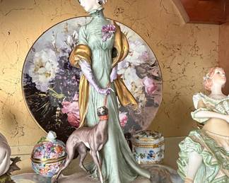 Italian Porcelain Figurine of a Woman with a Greyhound