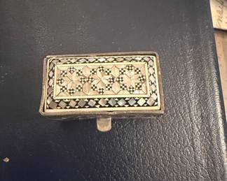 Antique Silver Snuff Box with Mother of Pearl and Geometric Inlay
