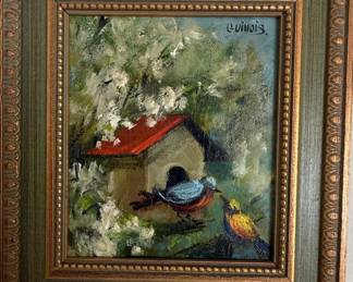 E. Vinois "Birds and Birdhouse" Oil Painting