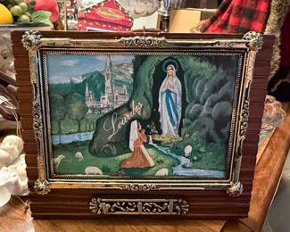 Vintage Lourdes Religious Scene Wooden Key Holder