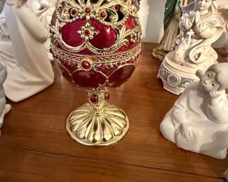 Red Jeweled Musical Egg with Santa Figurine, Faberge Style