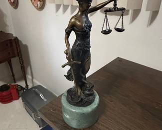 Vintage Bronze Lady Justice Statue on Green Marble Base