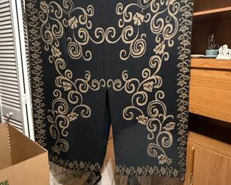 Black and Gold Floral Swirl Reversible Shawl with Fringe