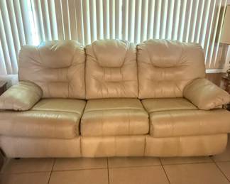 Cream Leather Reclining Three-Seater Sofa
