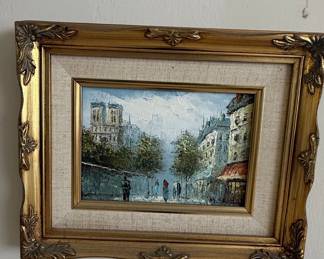 Oil Painting of Notre Dame Cathedral and Parisian Street Scene by M. Skilton