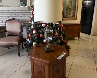 Vintage Brass and Glass Table Lamp with Hexagonal Wood Base