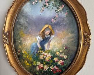 Oval Portrait Painting of a Girl in a Garden by Guillois