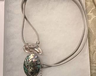 Oval Abalone Shell Pendant Necklace with Mother of Pearl Accent and Leather Cord