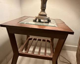 Mid-Century Modern Style End Table with Glass Top and Slatted Shelf