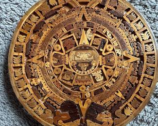 Hand Carved Inlay Wood Aztec Calendar Wall Art