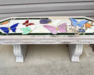Octagonal Garden Bench with Stained Glass Butterfly Mosaic