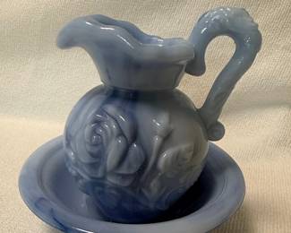 Avon "May 1978" Blue Marbled Milk Glass Pitcher and Bowl Set