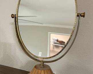 Vintage Brass and Wood Swivel Vanity Mirror