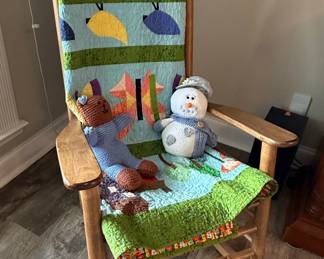Vintage Wooden Rocking Chair with Handmade Quilt
