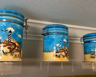 Baum Brothers Style Eyes Ceramic Canister Set with Lighthouse Scene