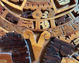 Hand Carved Inlay Wood Aztec Calendar Wall Art