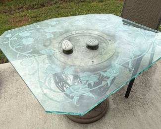 Etched Glass Octagonal Patio Table with Decorative Metal Base