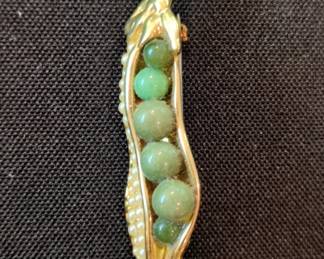 Vintage Trifari Pea Pod Brooch with Faux Pearls and Green Stones