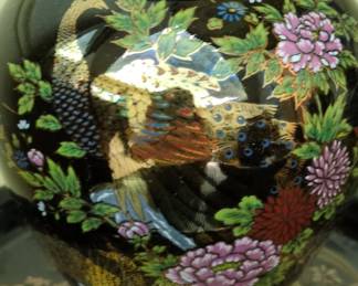 Vintage Interpur Black Porcelain Ginger Jar with Peacock and Floral Motif second image