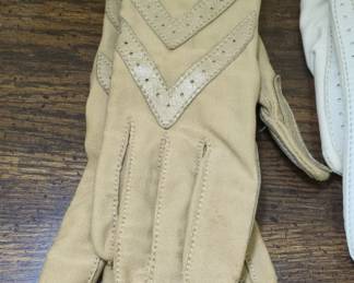 Womens Tan Suede and Leather Driving Gloves with Perforated VAccents