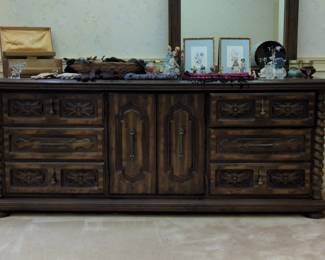 Vintage Carved Oak Spanish Revival Dresser with Mirror