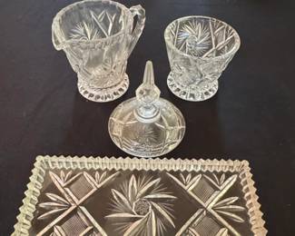 Cut Crystal Creamer, Sugar Bowl with Lid, and Tray Set  Pinwheel Pattern second image