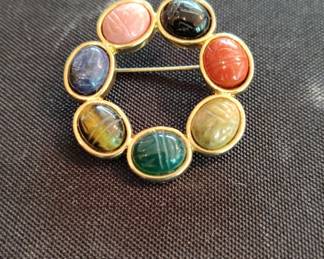 Scarab Wreath Brooch with Assorted Cabochon Stones