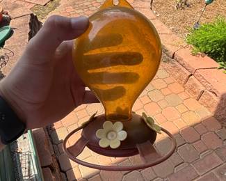 Vintage Amber Glass Hummingbird Feeder with Metal Base