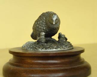 Chilmark Fine Pewter Quail and Chicks Figurine on Wooden Base