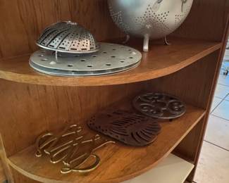 Vintage Kitchenware Set Colander, Steamer Basket, Trivets, and Brass Trivet