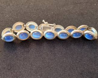 Sterling Silver Blue Moonglow Glass Cabochon Link Bracelet
